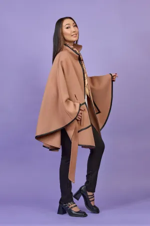 ALICE MOCHA BEIGE Belted Cape Coat in Virgin Wool Cashmere Black Leather