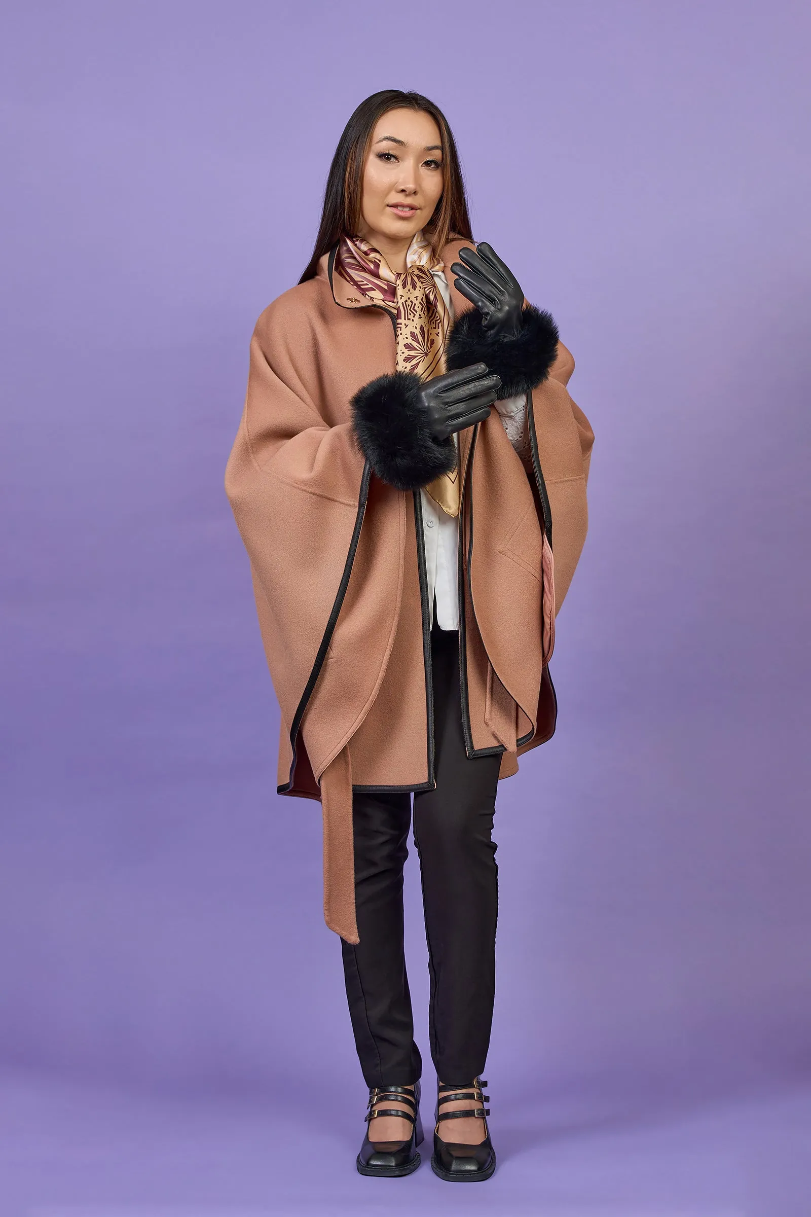 ALICE MOCHA BEIGE Belted Cape Coat in Virgin Wool Cashmere Black Leather