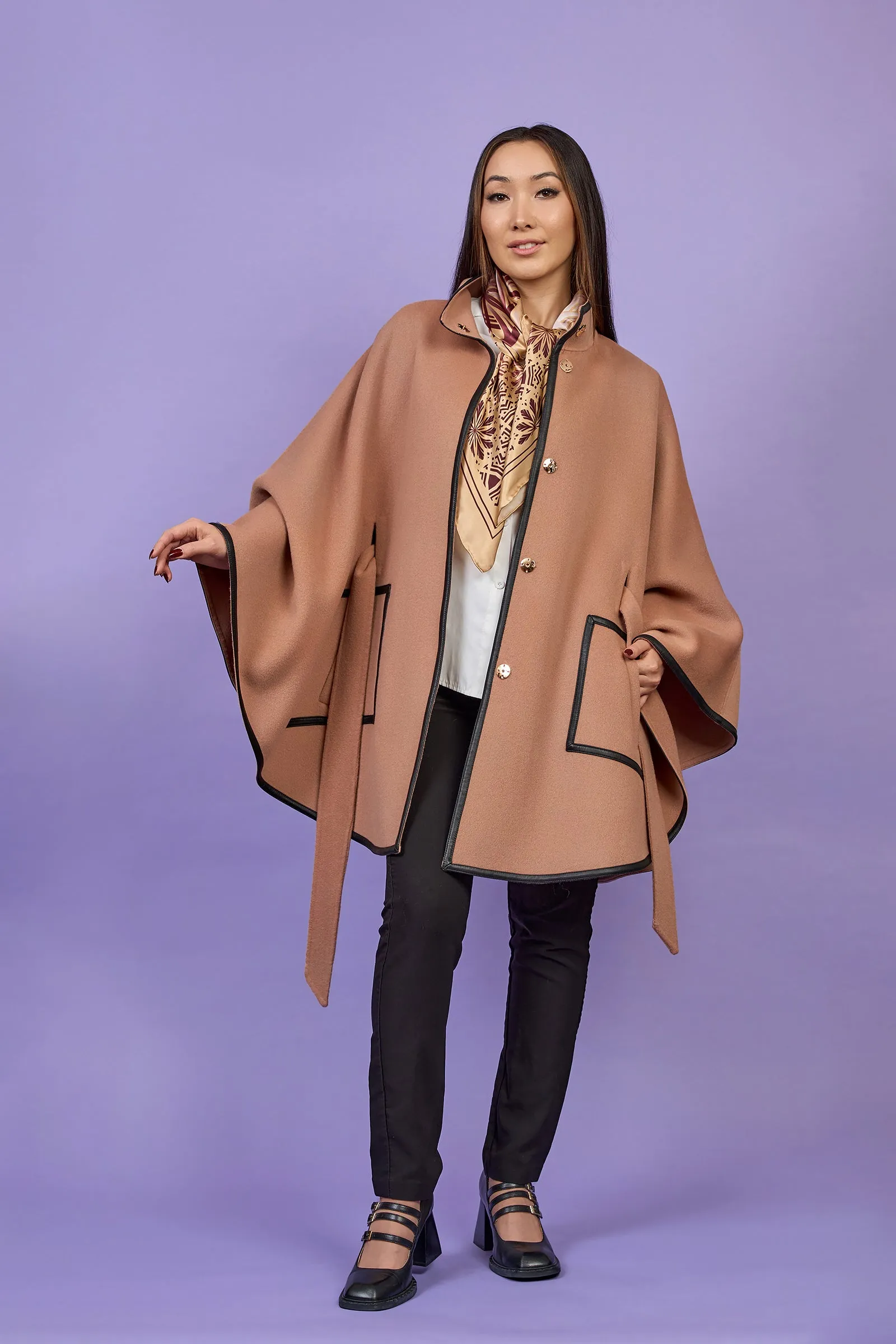 ALICE MOCHA BEIGE Belted Cape Coat in Virgin Wool Cashmere Black Leather