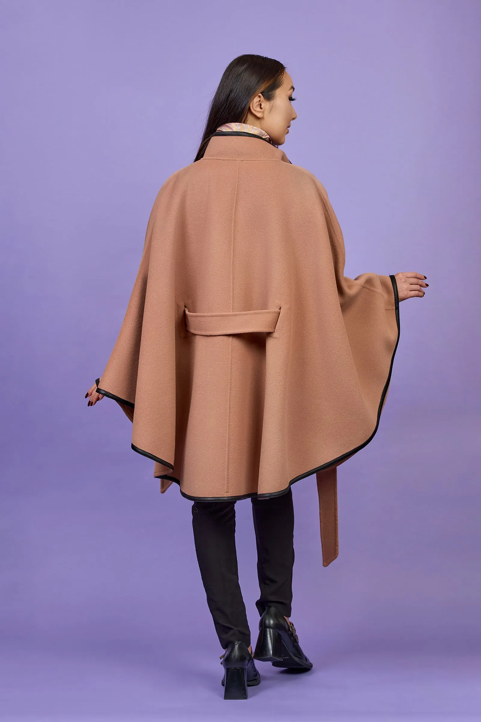 ALICE MOCHA BEIGE Belted Cape Coat in Virgin Wool Cashmere Black Leather