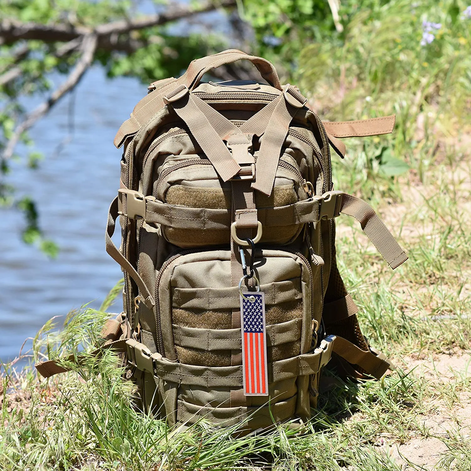 American Flag Keychain with Key Ring and Carabiner - (Red Blue Grey)