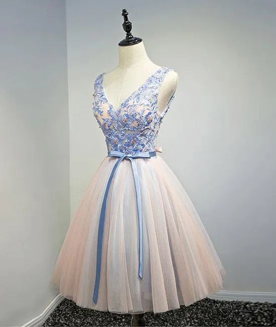 Blue Pink V Neck Prom Homecoming Dress