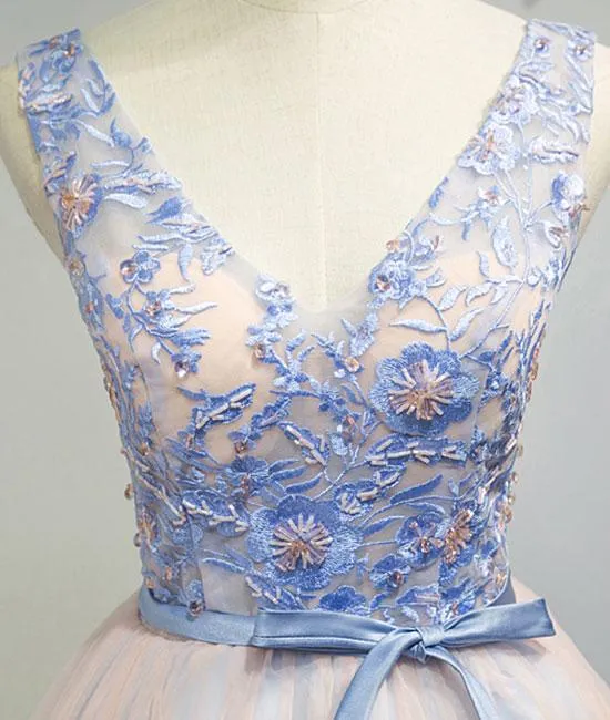 Blue Pink V Neck Prom Homecoming Dress