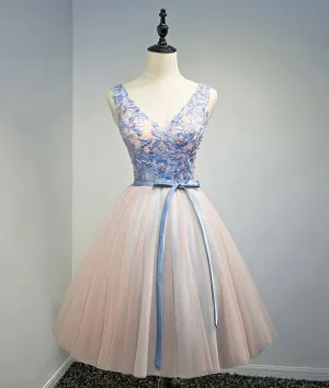 Blue Pink V Neck Prom Homecoming Dress