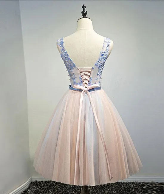 Blue Pink V Neck Prom Homecoming Dress