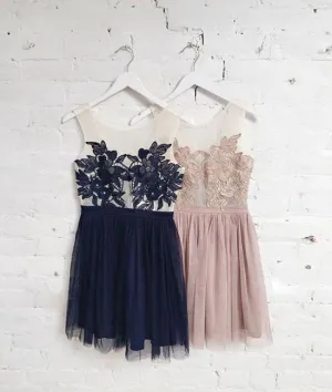 Blue Sheer Neck Lace Applique Short Prom Dress