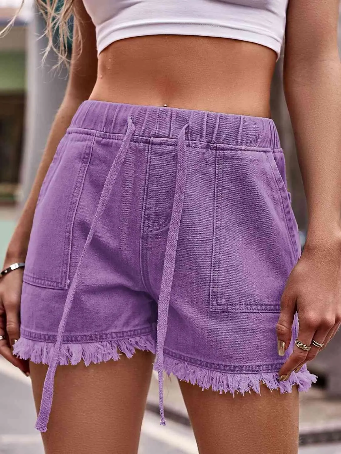 Drawstring Raw Hem Denim Shorts (12 Colors)
