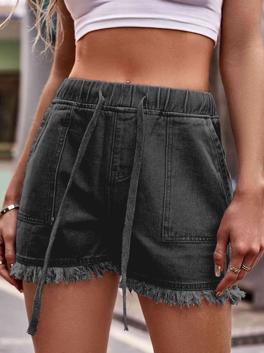 Drawstring Raw Hem Denim Shorts (12 Colors)
