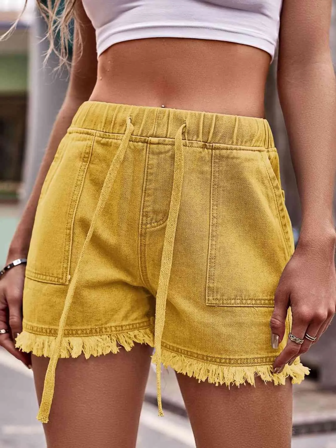 Drawstring Raw Hem Denim Shorts (12 Colors)