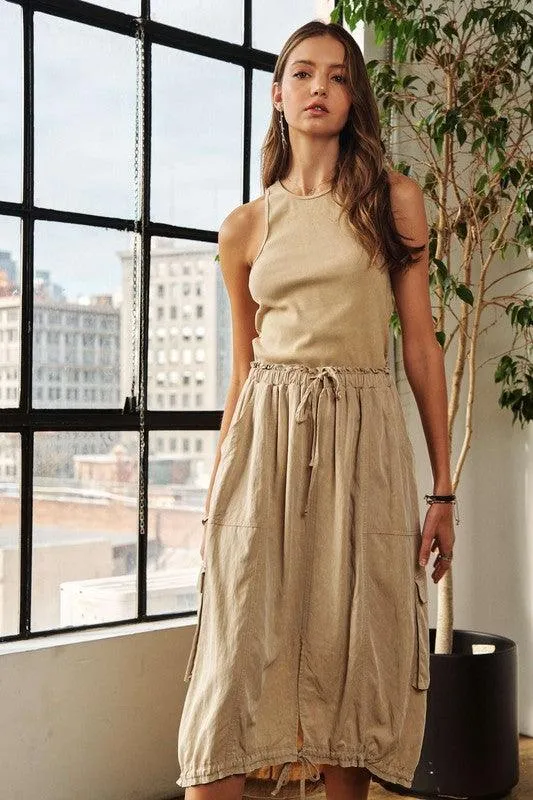 Drawstring Sleeveless Washed Dress