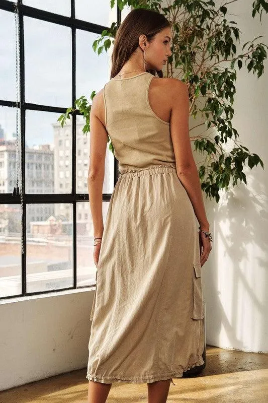 Drawstring Sleeveless Washed Dress