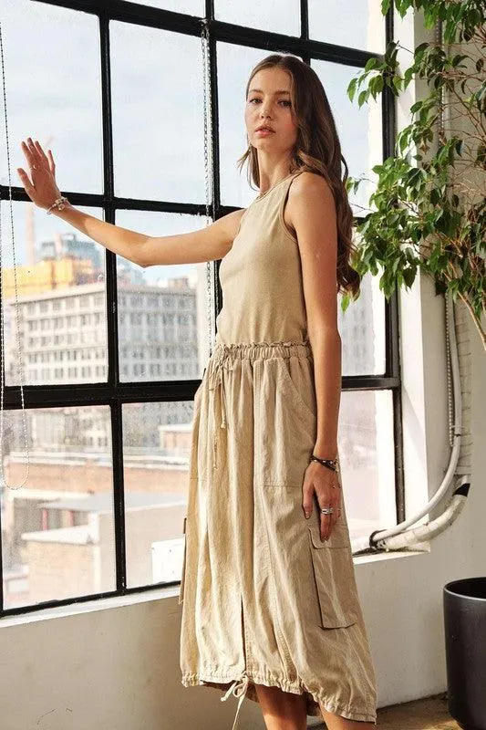 Drawstring Sleeveless Washed Dress