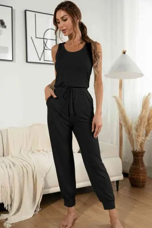 Drawstring Waist Round Neck Jogger Jumpsuit
