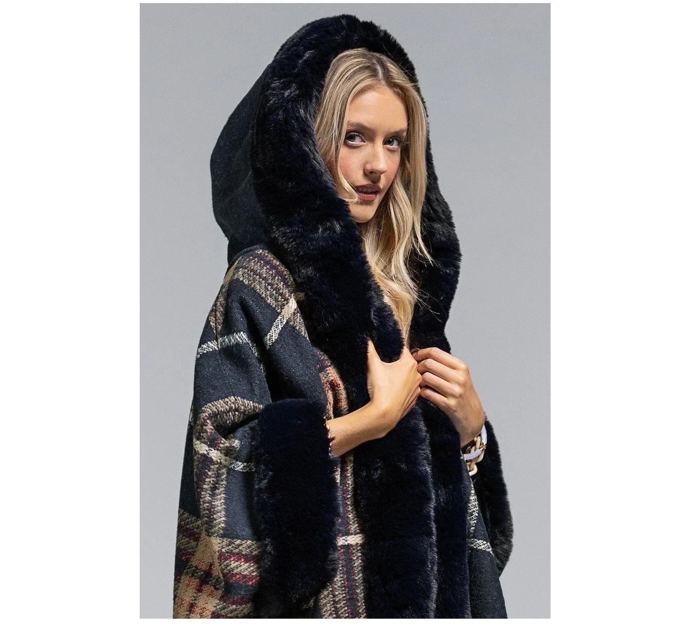 Fur Hooded Heavy Poncho