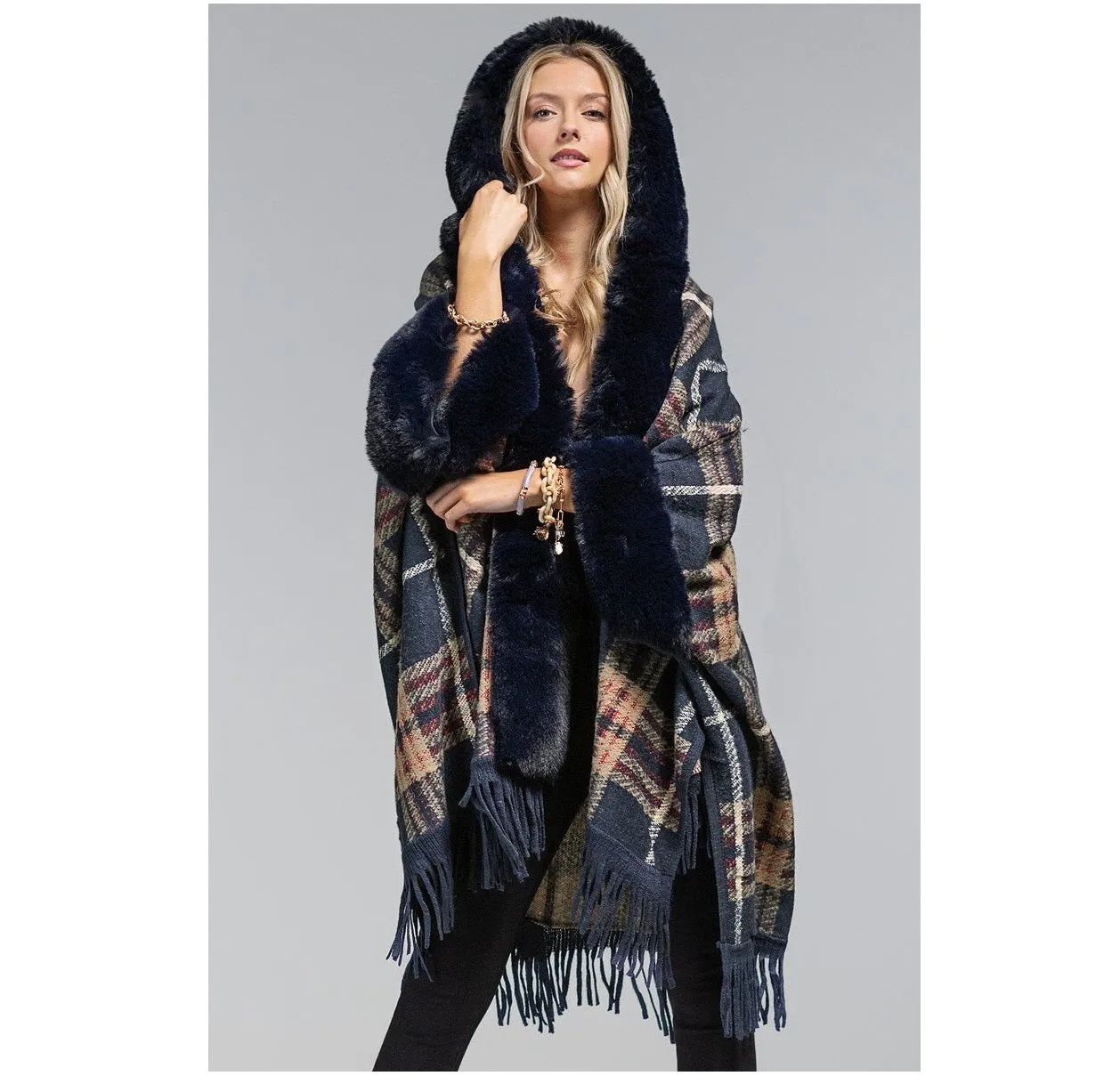 Fur Hooded Heavy Poncho