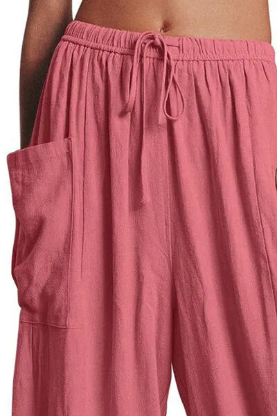 Geneva Full Size Pocketed Drawstring Wide Leg Pants
