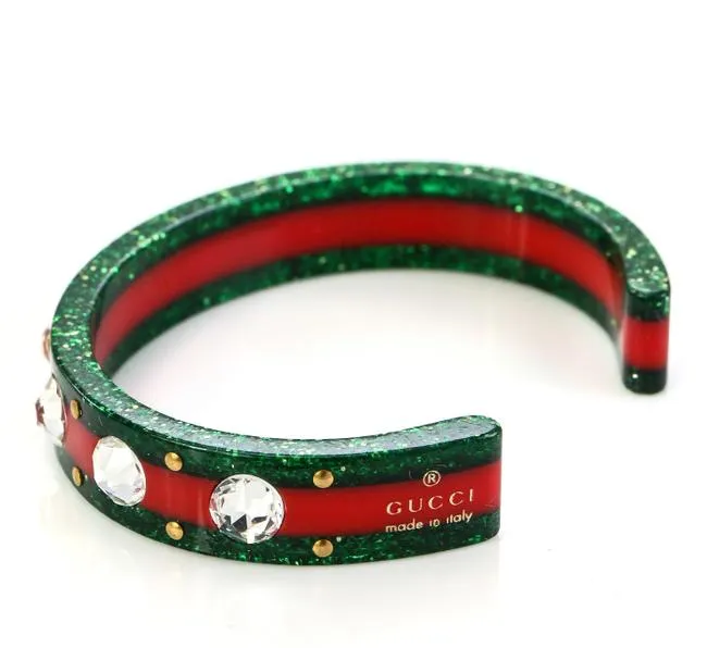 Gucci Open Stripe Cuff with Crystal Bee in Red and Green
