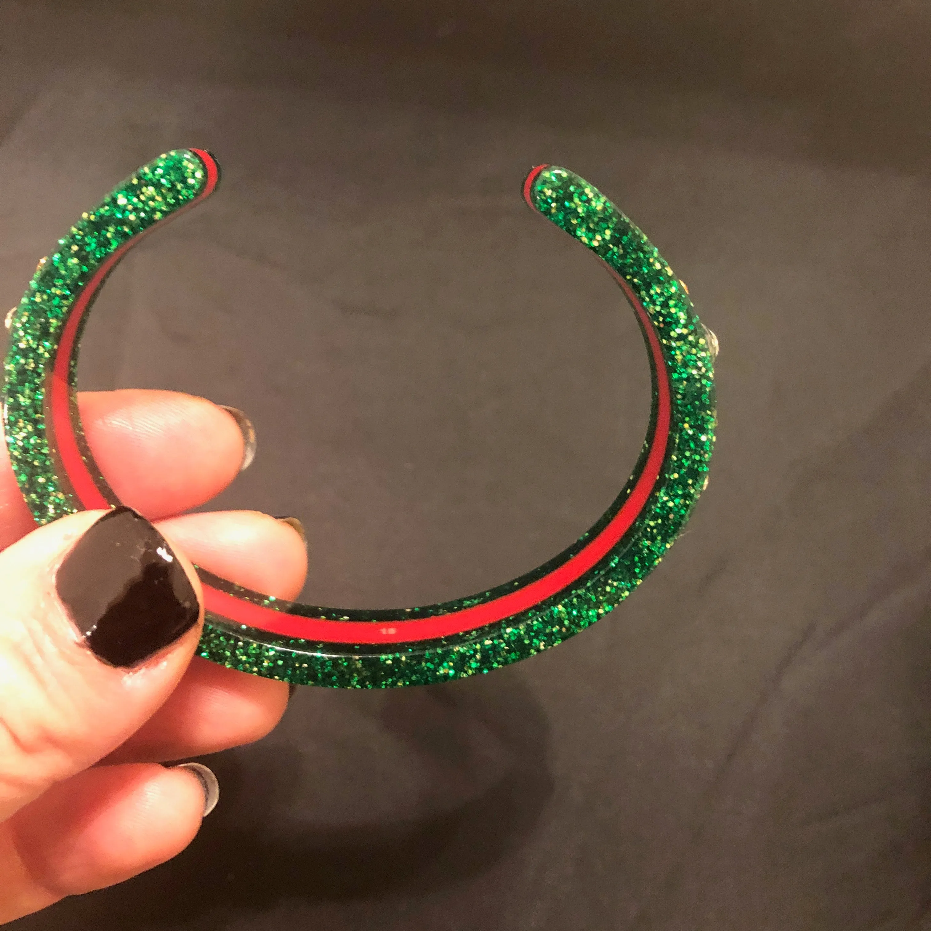 Gucci Open Stripe Cuff with Crystal Bee in Red and Green