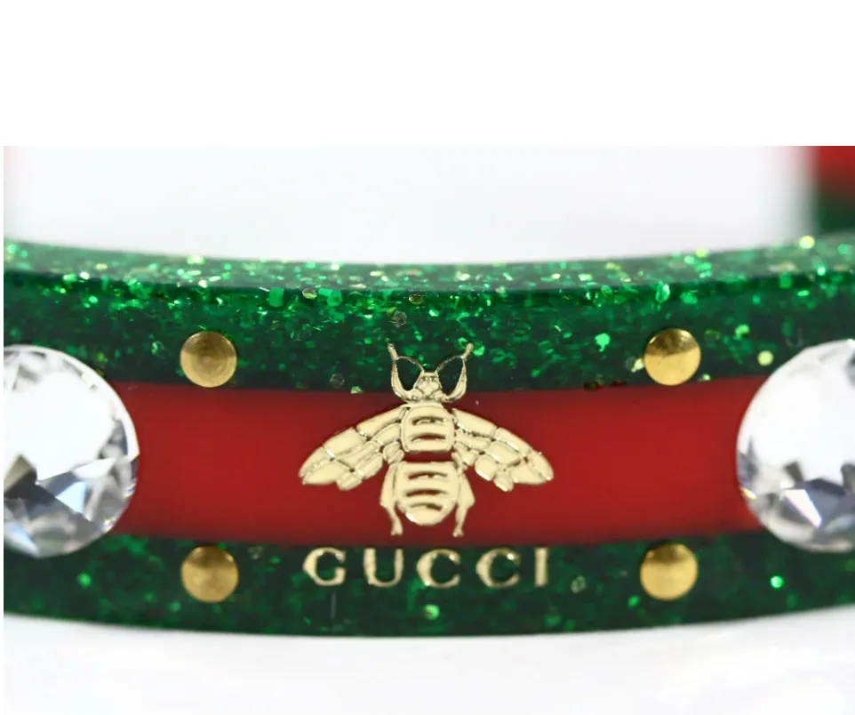 Gucci Open Stripe Cuff with Crystal Bee in Red and Green