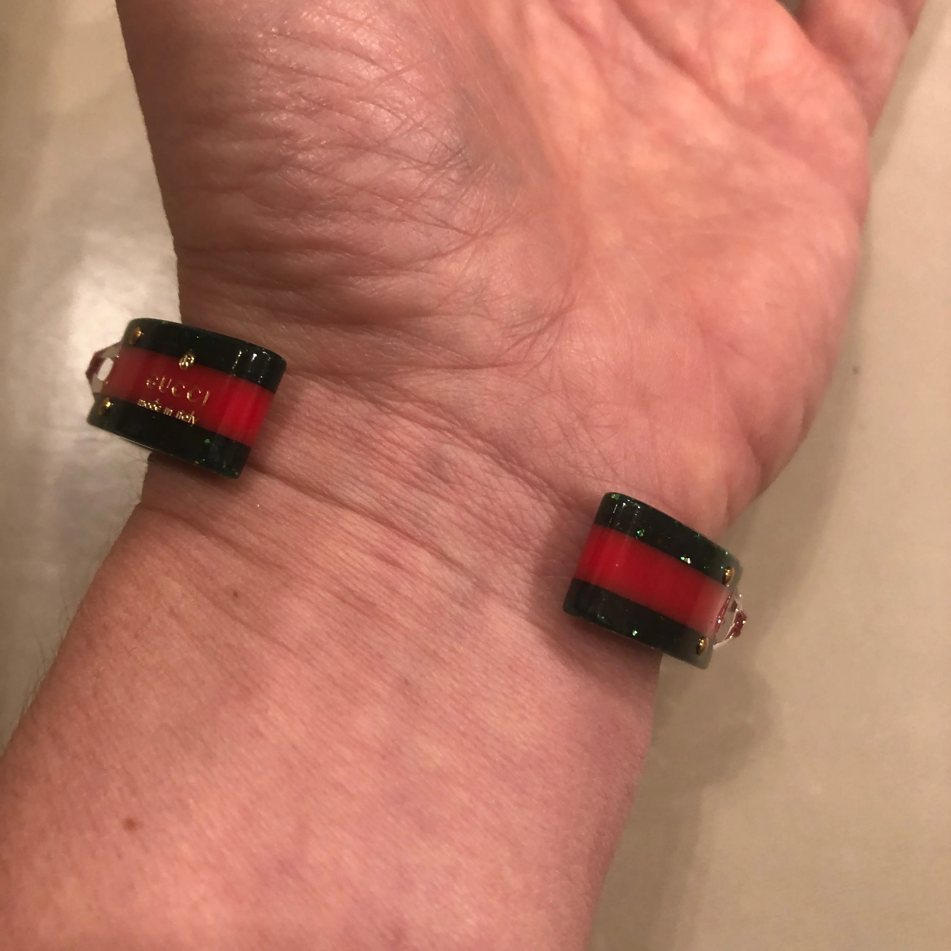 Gucci Open Stripe Cuff with Crystal Bee in Red and Green