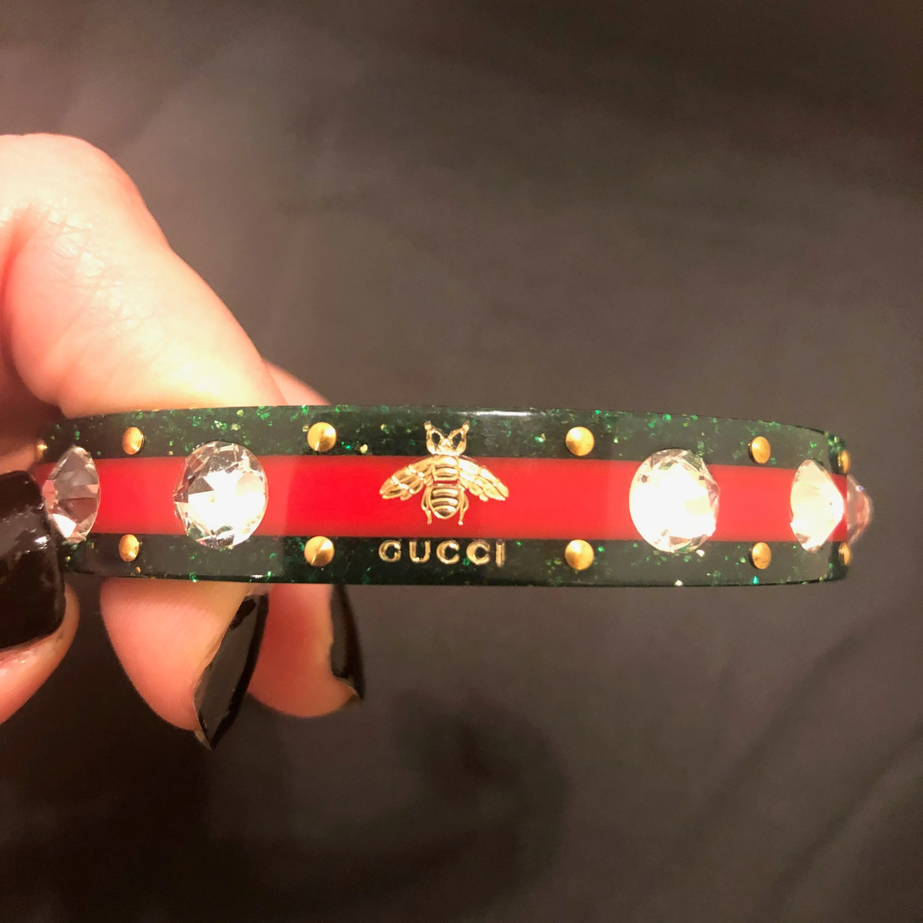 Gucci Open Stripe Cuff with Crystal Bee in Red and Green
