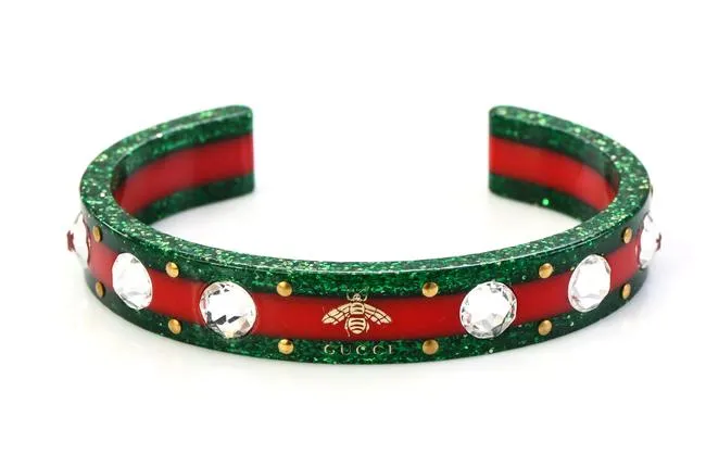 Gucci Open Stripe Cuff with Crystal Bee in Red and Green