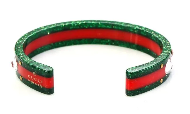Gucci Open Stripe Cuff with Crystal Bee in Red and Green
