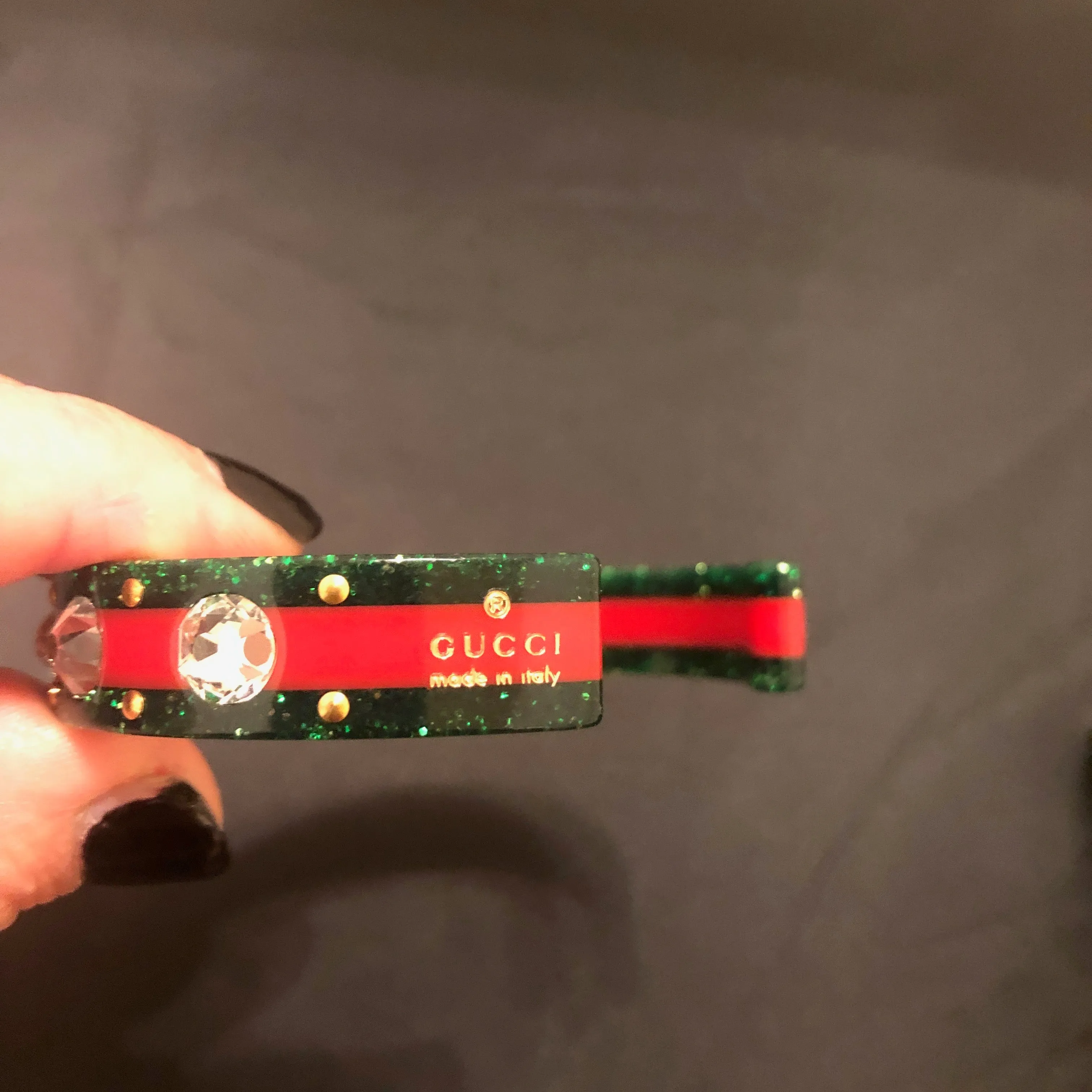 Gucci Open Stripe Cuff with Crystal Bee in Red and Green