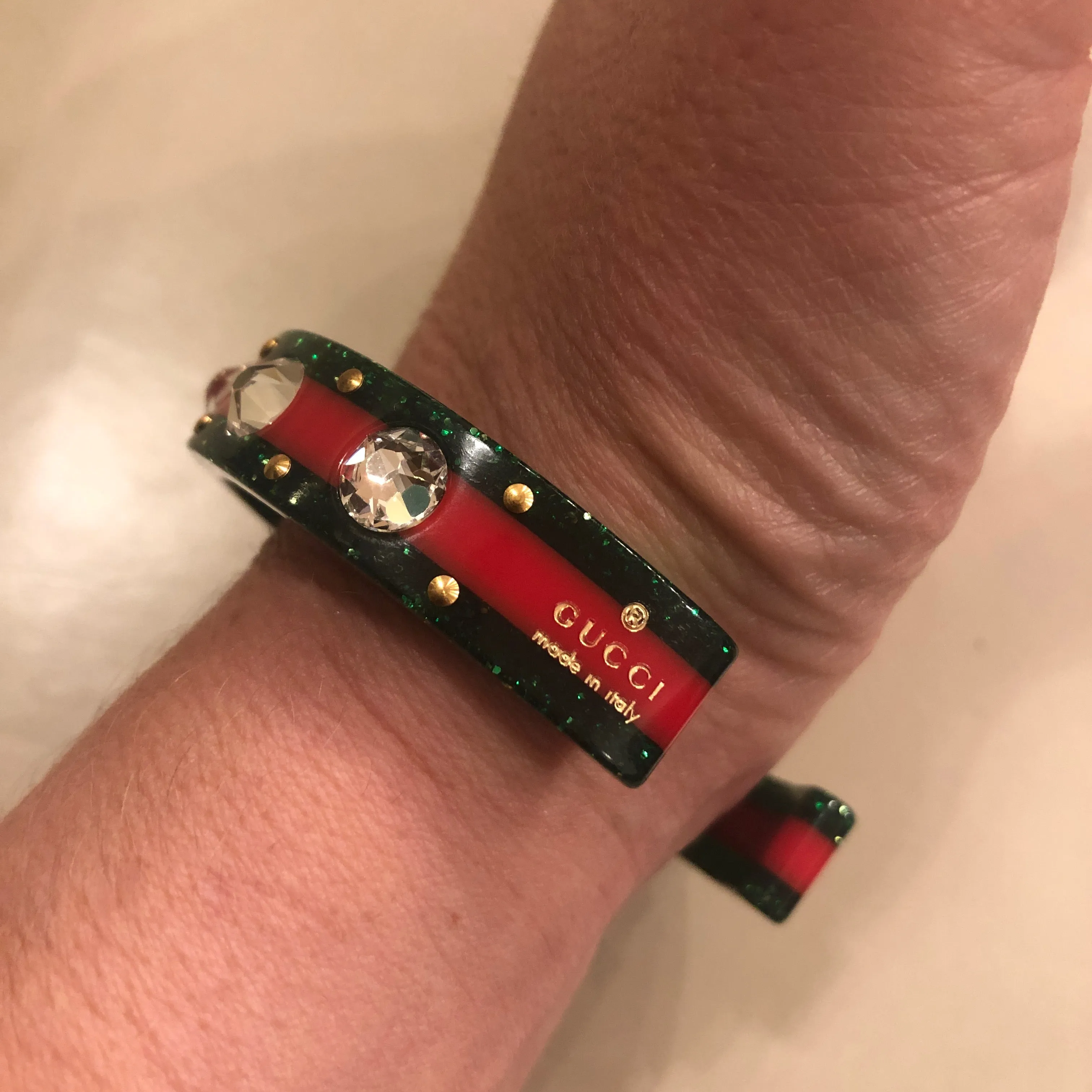 Gucci Open Stripe Cuff with Crystal Bee in Red and Green