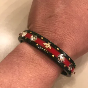 Gucci Open Stripe Cuff with Crystal Bee in Red and Green
