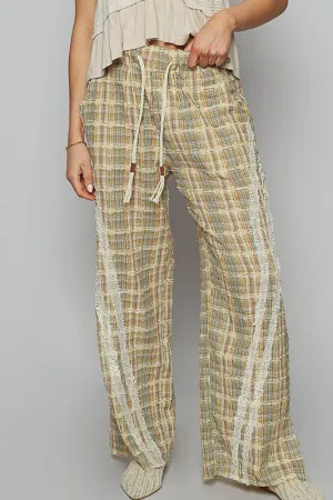 Hazel Blues® |  POL Lace Trim Drawstring Checkered Wide Leg Pants