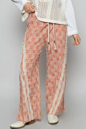 Hazel Blues® |  POL Lace Trim Drawstring Checkered Wide Leg Pants