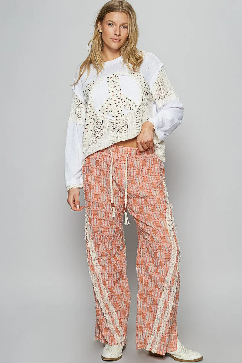 Hazel Blues® |  POL Lace Trim Drawstring Checkered Wide Leg Pants