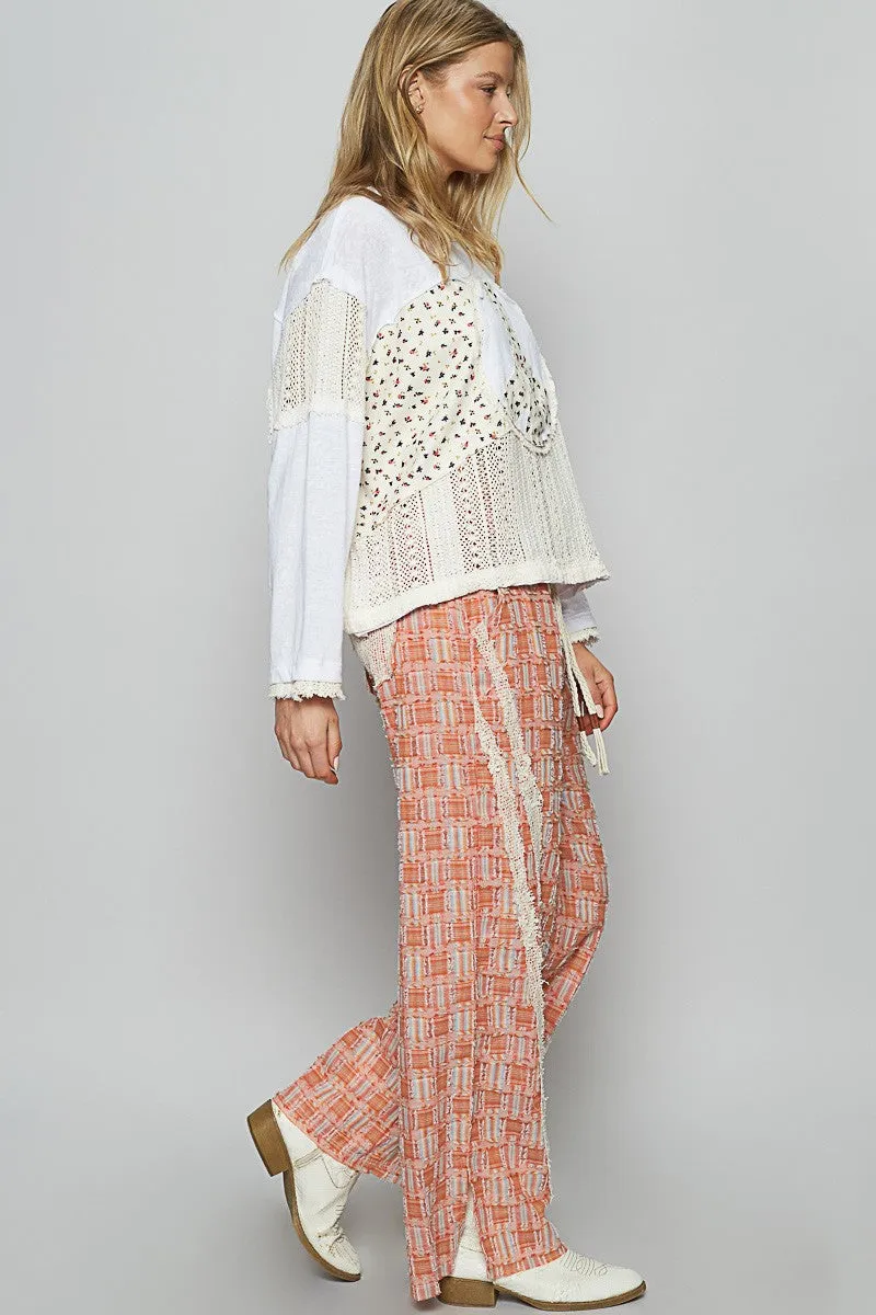 Hazel Blues® |  POL Lace Trim Drawstring Checkered Wide Leg Pants