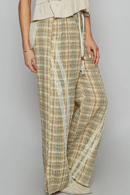 Hazel Blues® |  POL Lace Trim Drawstring Checkered Wide Leg Pants
