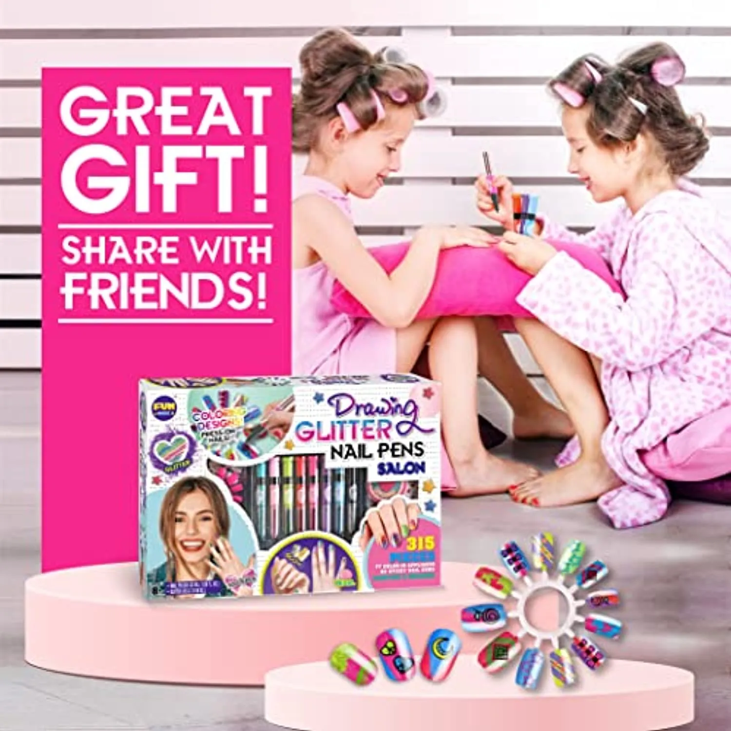 Kids Nail Kit for Girls, FunKidz Ultimate 280Pcs Nail Art with Nail Polish Pens Combo Kit Glitter Glow in Dark Sparkly Colors Temporary Nail Supplies Set for Salon Girls Fashion Activity