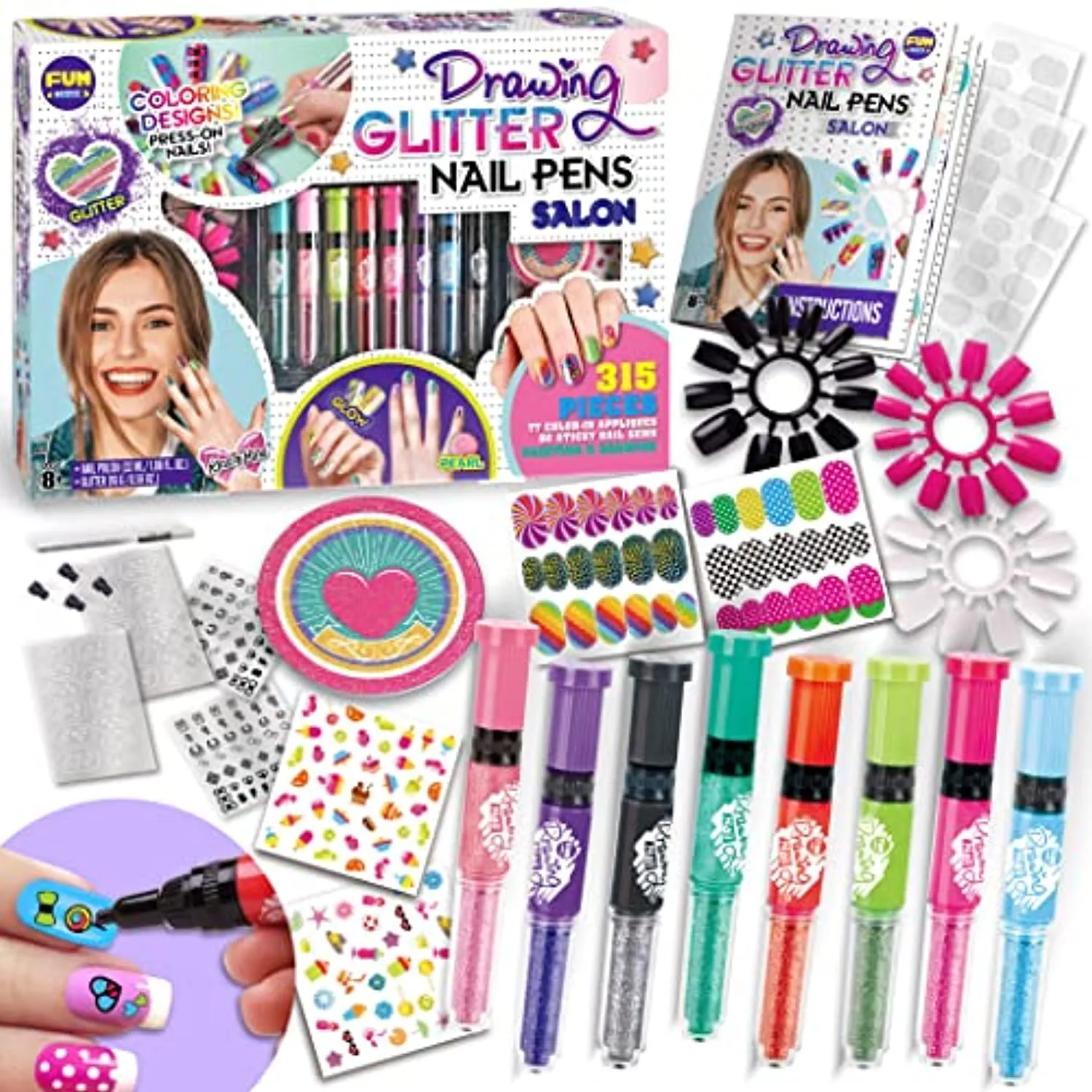 Kids Nail Kit for Girls, FunKidz Ultimate 280Pcs Nail Art with Nail Polish Pens Combo Kit Glitter Glow in Dark Sparkly Colors Temporary Nail Supplies Set for Salon Girls Fashion Activity