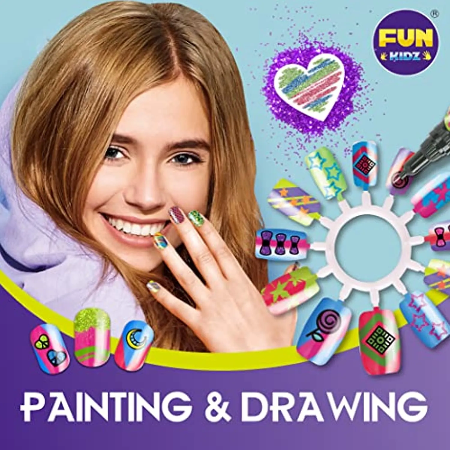 Kids Nail Kit for Girls, FunKidz Ultimate 280Pcs Nail Art with Nail Polish Pens Combo Kit Glitter Glow in Dark Sparkly Colors Temporary Nail Supplies Set for Salon Girls Fashion Activity