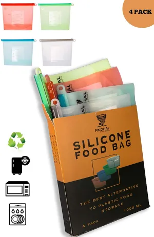 New Findhal Silicone Storage Bags, 4-Pack Food and Drink Premium Storage and Marinating Proteins Microwave Dishwasher Oven and Freezer Safe