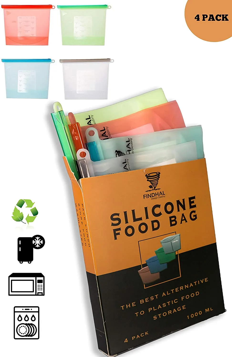 New Findhal Silicone Storage Bags, 4-Pack Food and Drink Premium Storage and Marinating Proteins Microwave Dishwasher Oven and Freezer Safe