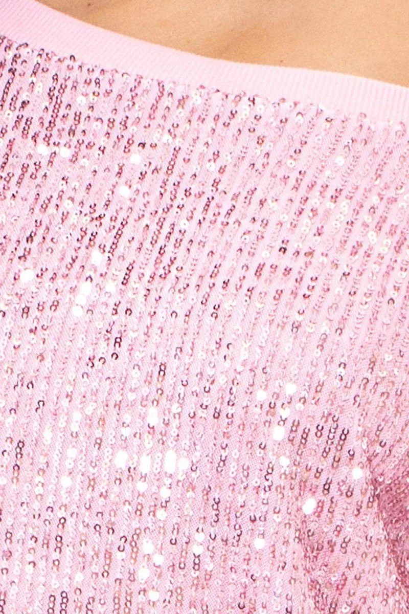 Pink Sparkly Sequin Wide Neck Boxy Mini Sweater Dress