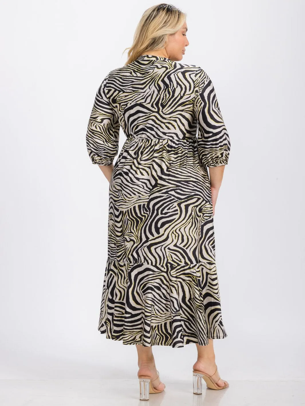 PLUS SIZE 3/4 SLEEVE ELASTIC WAIST FRONT POCKETS ZEBRA PRINT MIDI DRESS