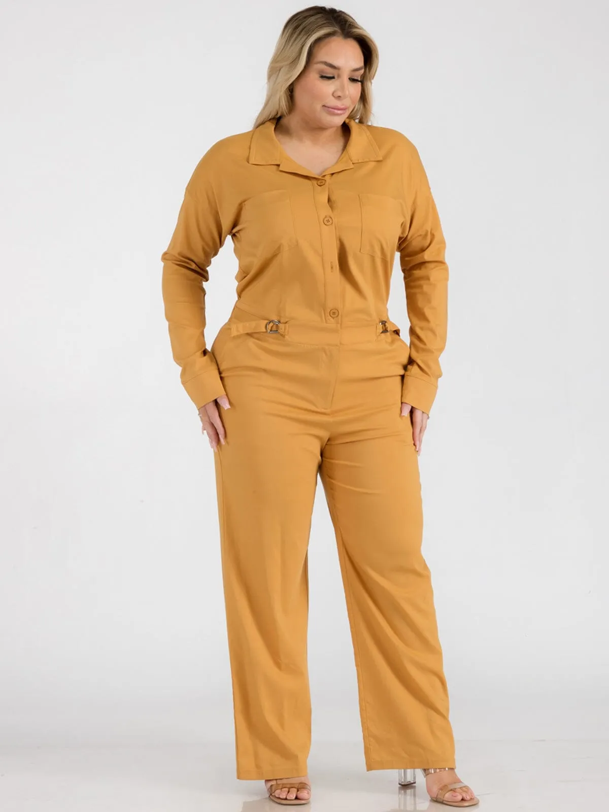 PLUS SIZE LONG SLEEVE BUTTON UP POCKETS WIDE LEG JUMPSUIT