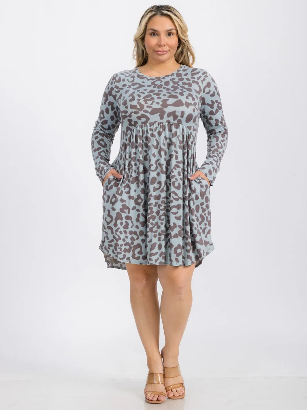 PLUS SIZE LONG SLEEVE ELASTIC WAIST FRONT POCKETS ANIMAL PRINT MINI DRESS