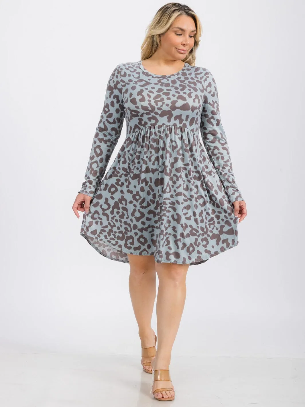 PLUS SIZE LONG SLEEVE ELASTIC WAIST FRONT POCKETS ANIMAL PRINT MINI DRESS