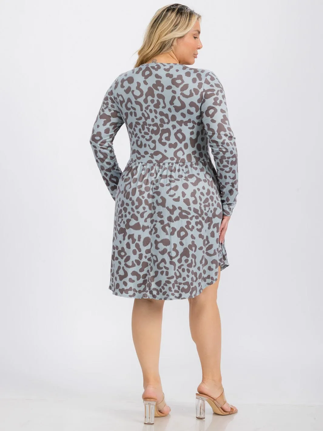 PLUS SIZE LONG SLEEVE ELASTIC WAIST FRONT POCKETS ANIMAL PRINT MINI DRESS