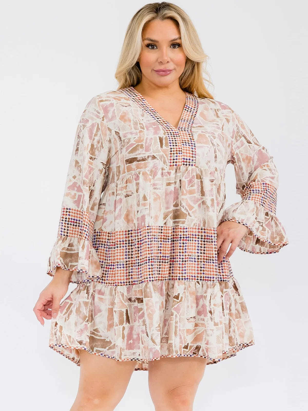 PLUS SIZE LONG SLEEVE MULTI PRINT TUNIC MINI DRESS