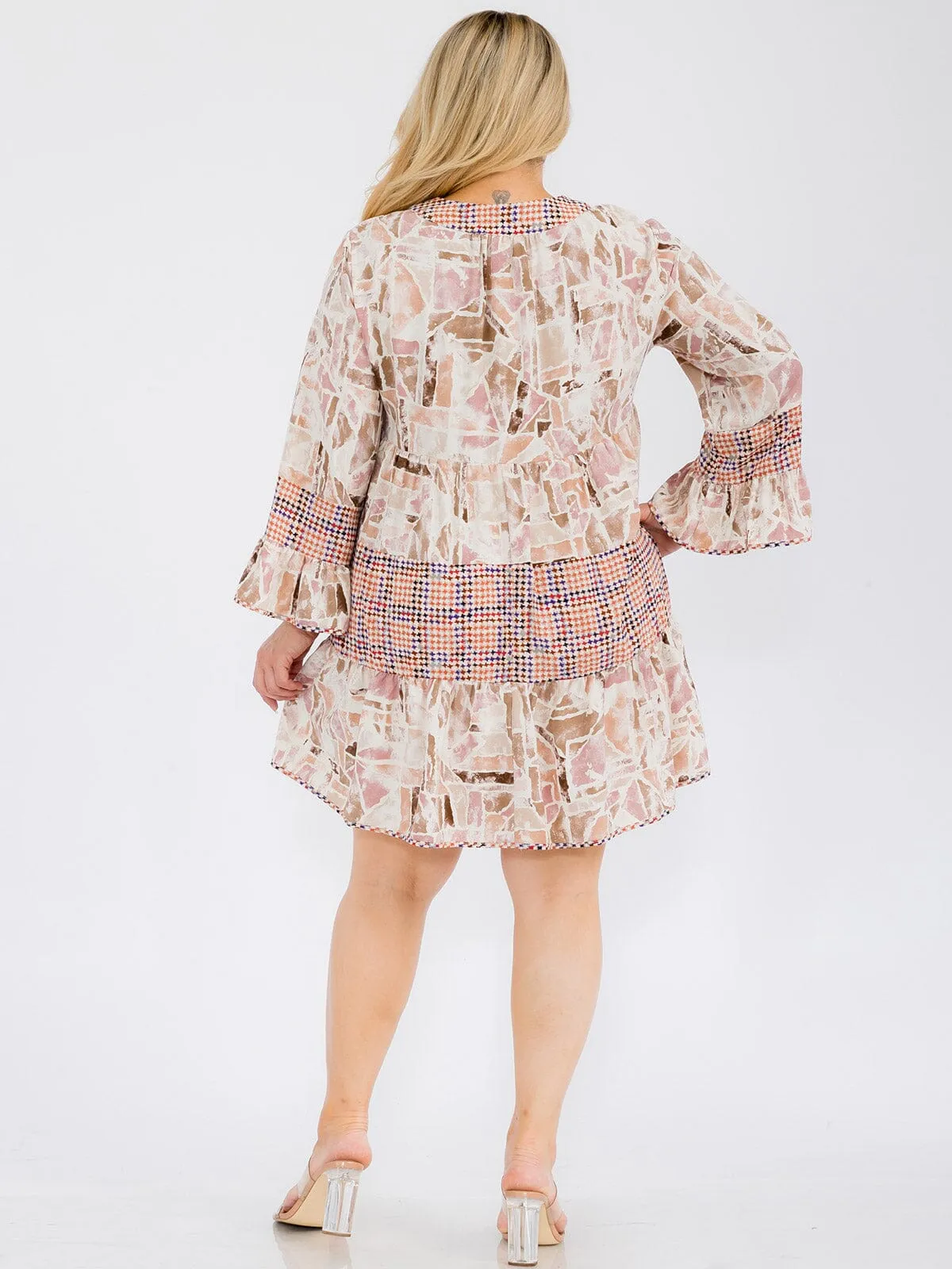 PLUS SIZE LONG SLEEVE MULTI PRINT TUNIC MINI DRESS
