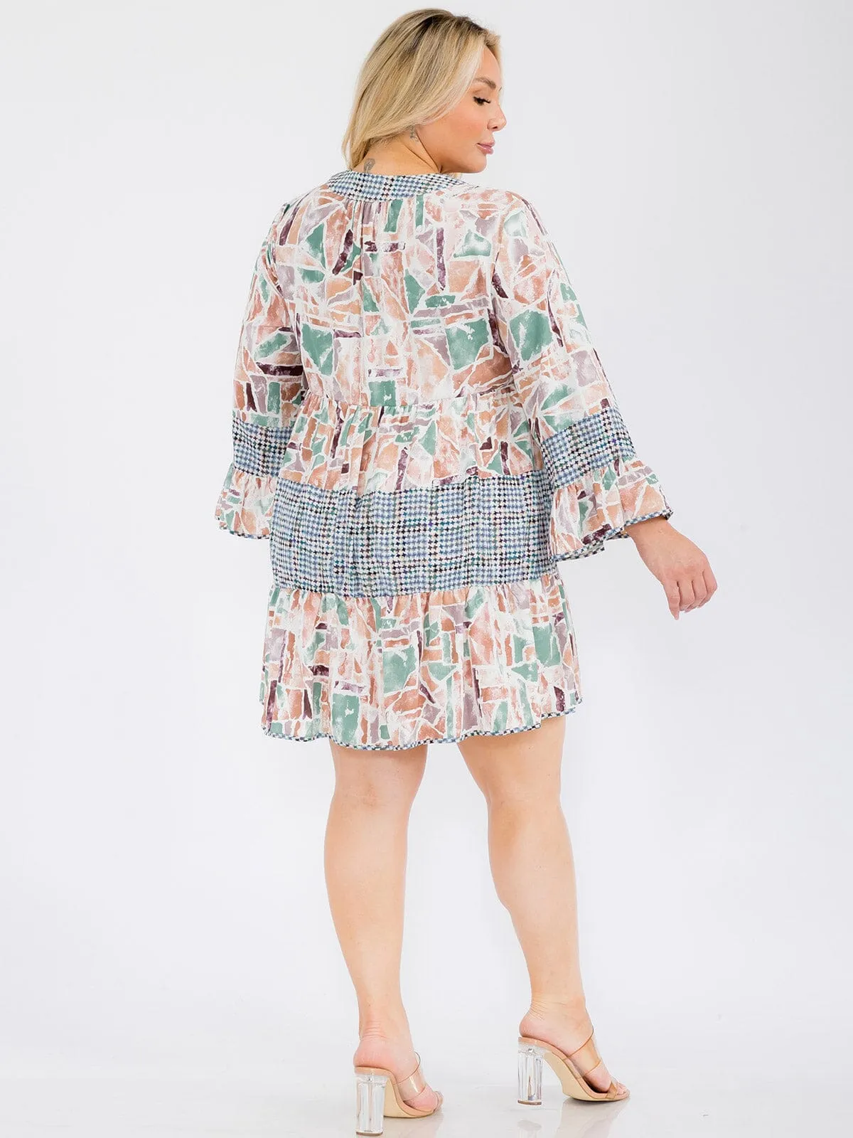 PLUS SIZE LONG SLEEVE MULTI PRINT TUNIC MINI DRESS