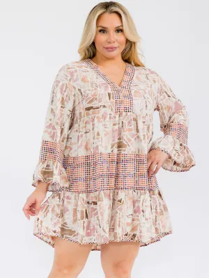 PLUS SIZE LONG SLEEVE MULTI PRINT TUNIC MINI DRESS